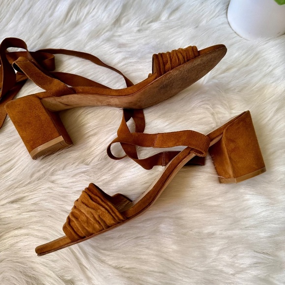 Stuart Weitzman Ankle Wrap Swifty Heels Camel Suede Sandals | Tan Brown Size 10 - Picture 11 of 15